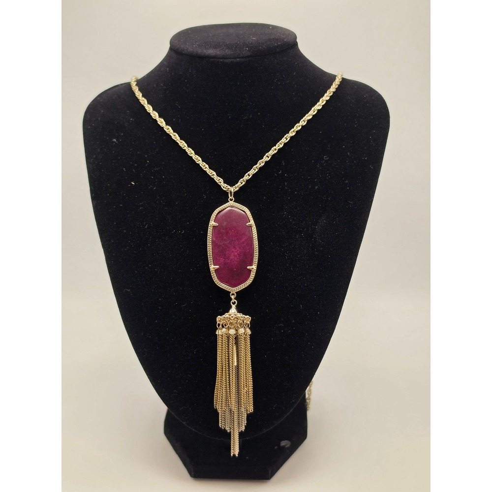 Kendra Scott Rayne Long Pendant Necklace Gold Magenta Pink Tassel Statement
